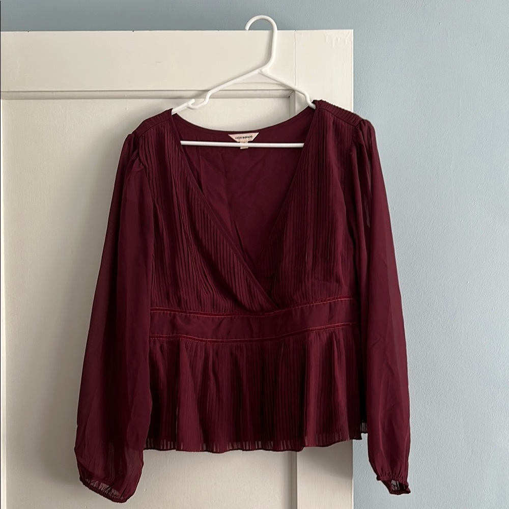NWOT Lucky Brand Long Sleeve Pleated Deep Red V-Neck Blouse